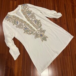 Luna Moon Embroidered Top Tunic White V-Neck Roll-Tab Long Sleeve Boho Sz Small